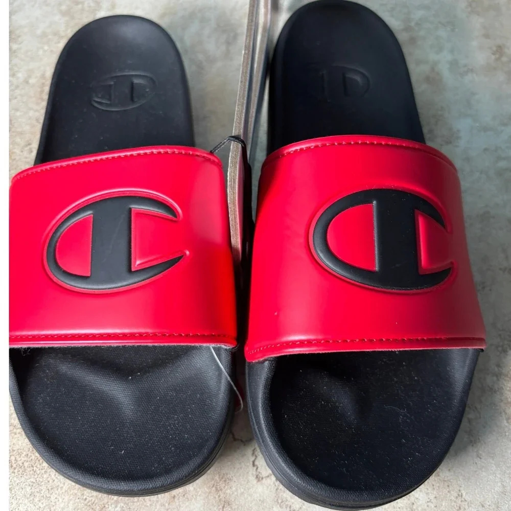 Champion IPO Slides Red Black Big C Logo Athletic Sandals Men Youth Size 6